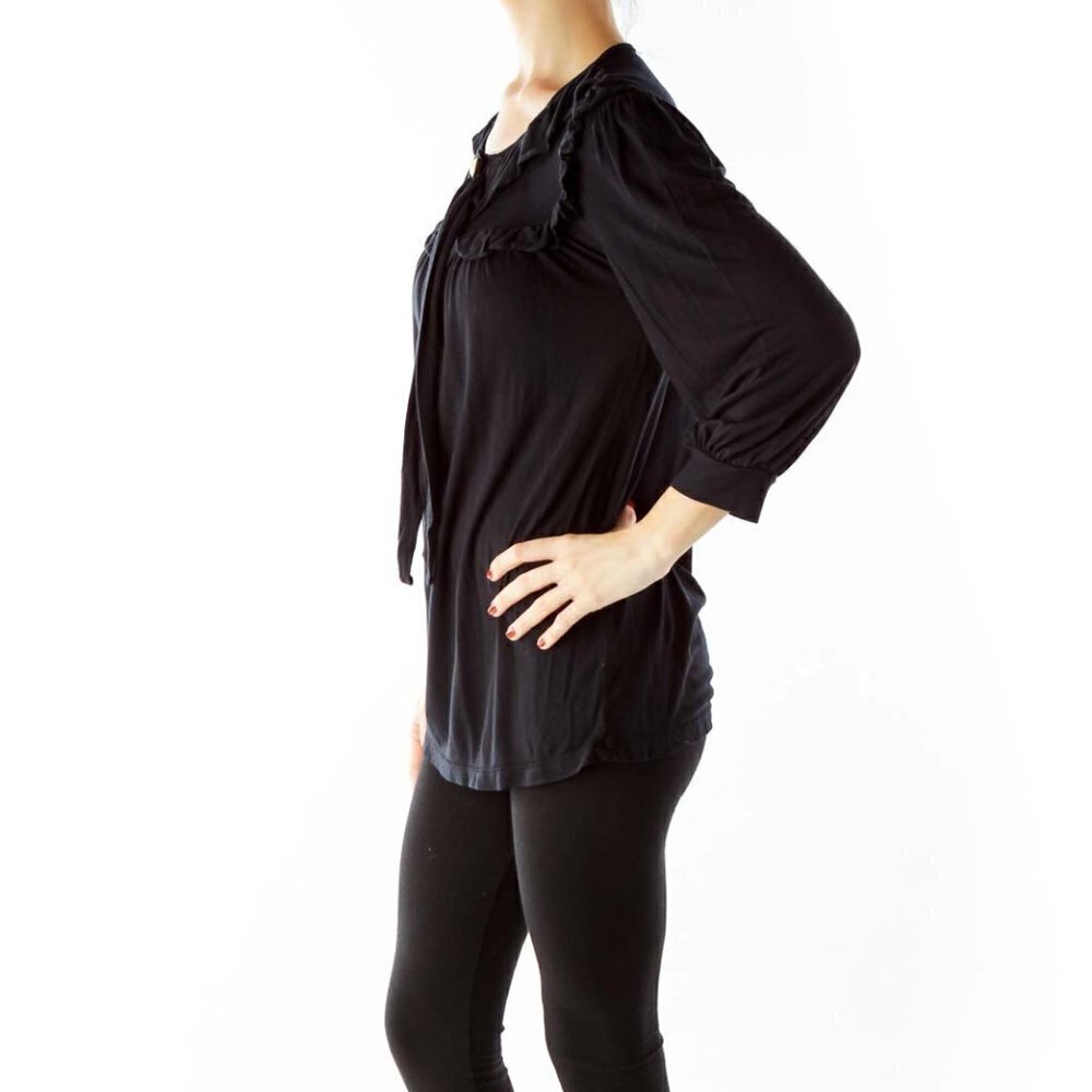 Ella Moss Black Three Quarter Sleeve Buttoned Bow Blouse - Picture 2 of 3